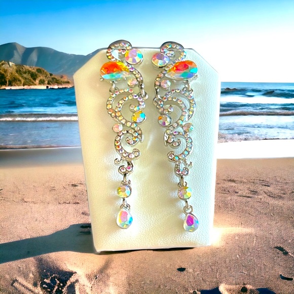 Rhinestone Dangle Earrings Silver AB Crystal Drop Earrings Prom Dress Earrings - Picture 9 of 12
